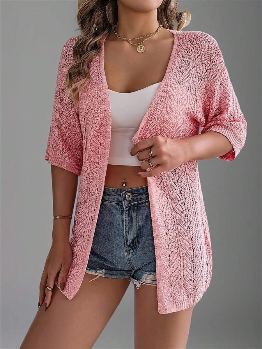 Women's Pink Hollow Out Short Sleeve Knit Cardigan, Lightweight Outwear, Suitable For Beach/Holiday, Summer - Pink - View 1