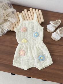 2 piezas Conjunto de body y shorts ligeros y lindos para bebé/niña pequeña, para verano - Beis - Ver 3