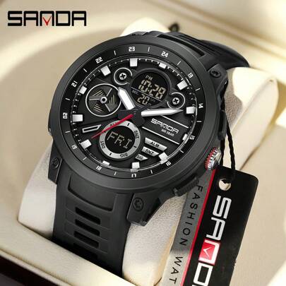SANDA. SANDA 男士 LED 数字显示石英表，G 系列防震军用倒计时运动腕表，男士硅胶多功能计时防水 LED 数字时钟
