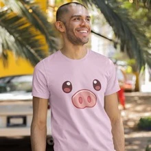 Playera De Hombre Estampado Carita Y Colita Puerquitos 1 Pza | Frente y Espalda | Prenda Corte Recto y Tela Delgada 100% Algodón - Rosa Pálido - Ver 1