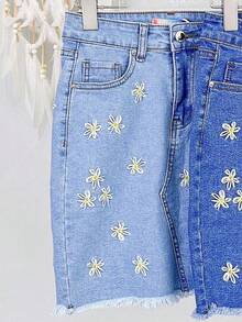Denim Skirt With Small Flower Print - Blue - View 3