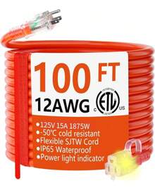 Cable de extensión para exteriores de 100 pies, calibre 12/3, resistente al agua con extremo iluminado, flexible y resistente al frío, con 3 clavijas, 15 Amp 1875W 12AWG SJTW, color naranja, certificado ETL - Naranja - Ver 1