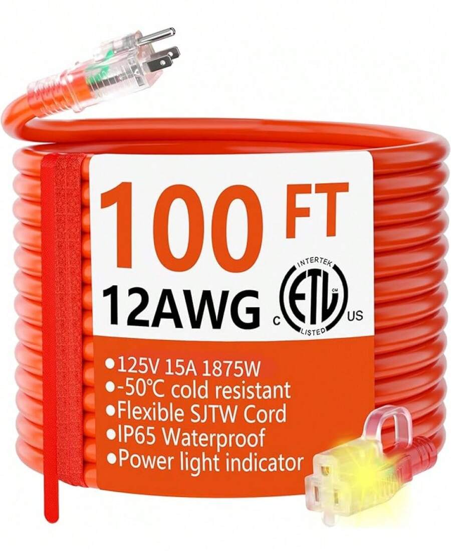 Cable de extensión para exteriores de 100 pies, calibre 12/3, resistente al agua con extremo iluminado, flexible y resistente al frío, con 3 clavijas, 15 Amp 1875W 12AWG SJTW, color naranja, certificado ETL - Naranja - Ver 1
