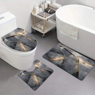 Set de 3 alfombras de baño de lujo, diseño de mármol impreso en franela, color negro y dorado