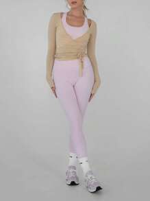 Women Y2k Long Sleeve Workout Tops Cross Wrap Tie Tops Sexy Deep V Neck Bandage Surplice Wrap Crop Top Solid Color Casual Slim Fit T-Shirts Fitness Gym Yoga Athletic Blouses Tops Sportswear Dance Ballet Dancewear - 棕色 - 查看 4