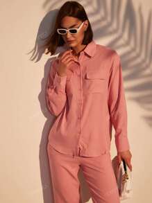 Crinkled Two Pocket Shirt & Pants 2 Pcs Set Women Pink Loungewear