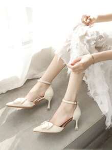 Tacones altos de mujer, zapatos de punta de mujer, tacones de aguja con cordones - Beis - Ver 4
