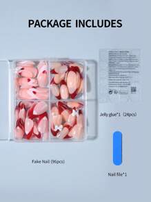 Transform Your Nails With,96pcs Almond Nail,French Bow Heart Design Press-On Nails Long Perfect Fit False Nail Set,Contains 1 Nail File 1 Jelly Glue,For Women & Girl