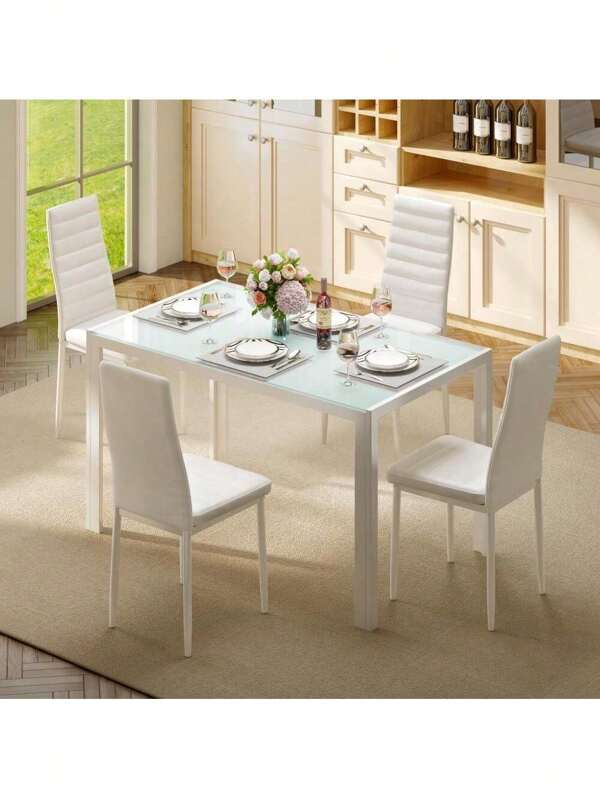 Juego de 5 piezas para 4 juegos de mesa de comedor, mesa de cristal con respaldo alto, juego de PU para cocina, sala de estar y comedor