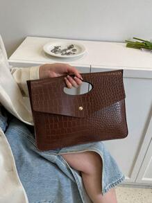 Fashionable Solid Color PU Flap Envelope Clutch Bag, High-Quality Crocodile Texture Pattern, Elegant Niche Design, Casual Minimalist, Multi-Functional - Coffee - View 5