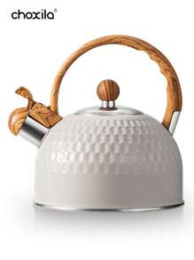 choxila 1pc 2L Stainless Steel Whistling Kettle - Creamy White With Wood Grain Handle, Perfect For Coffee & Tea, Compatible With Electric & Gas Stoves, For Outdoor, Camping