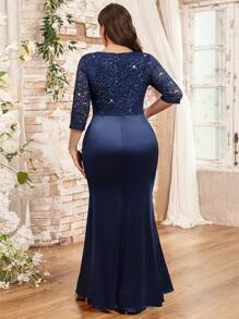 Plus Size V-Neck Sequin Floral Lace Contrast Ruched Ruffle Trim Satin Mermaid Hem Evening Party Dress, Formal Gown, Guest, Graduation, Dinner Elegant - Navy Blue - View 3