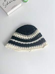 1pc Women's Round Top Hollow Out Straw Hat, Contrast Striped Fisherman Bucket Hat, Breathable Big Head Size, Facial Slimming, Spring/Summer - Straw Bucket Hat - View 16