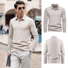 Sheonly 3 Colors Fashion Cotton Long Sleeve Collar Neck Men Polo T-Shirts,Spring Autumn Men Shirts,Casual Loose Men Tops(S-XXL) - Beige - View 1
