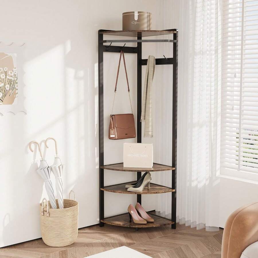 Metal Corner Hangers/Storage Racks/Shoemaker/Corridor Open Hangers With 6 Double Hooks, Space Saving, Industrial Design For Corridors, Living Rooms, Bedrooms, Offices, - Gold +White - 查看 1