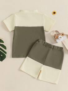 Little Boy Summer Clothes Contrast Color Henley Short Sleeve Pocket T-Shirt With Elastic Waist Shorts Outfit