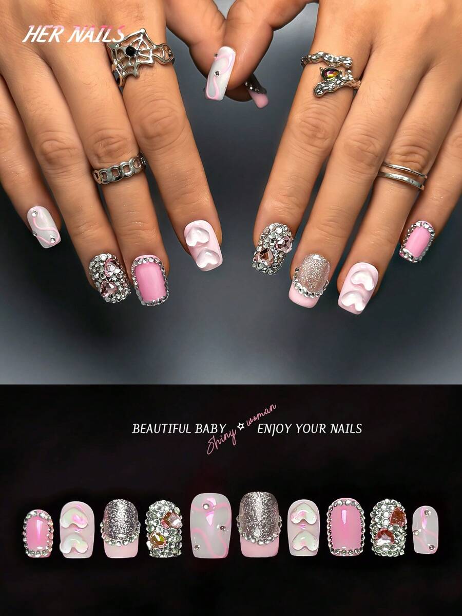 10PCS Viral Y2K Press On Nails - Sparkling Diamond Drip Design - Short Square Fake Nails For Everyday Glam