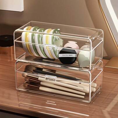 1pc Transparent Desktop Organizer Box, Vanity Makeup Organizer, Bathroom Supplies Storage, Vanity Toothbrush & Cosmetic Organizer, Transparent Plastic Makeup Brush Holder, Dust-Proof Countertop Storage Box For Lipstick, Eyeshadow, Brushes, Puff, Made Of Lightweight, Reinforced Transparent Material