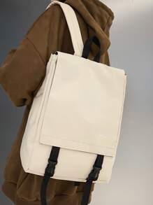 大学生防水翻盖货运风格背包，纯色休闲背包，旅行包， - 米色 - 查看 6