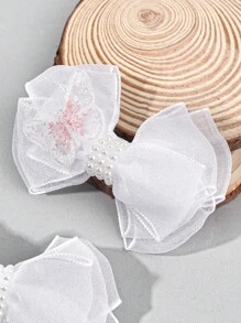2 件装白色薄纱发饰 女士女孩纯色网状蝴蝶结鳄鱼夹可爱蝴蝶绣花珍珠装饰蝴蝶结发夹优雅蝴蝶结发夹婚礼派对节日礼物蝴蝶结发夹女士发饰 - 白色 - 查看 3