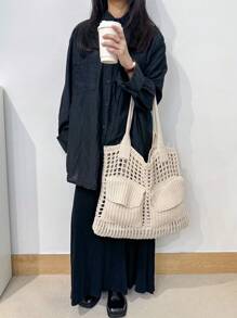 ENBEI Women's Large Capacity Hollow Tote Bag, Hollow Tote Bag, Shoulder Bag, Beach Wallet, Perfect For Summer, Vacation And Daily Use, Travel Essential, Holiday Essential, Mother's Day Gift, Wallet Essential, Teacher's Gift, School Supplies, Beige Beach Tote Bag With Pockets, Valentine's Day Gift - Beige - View 6