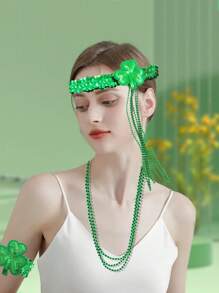 6pcs Sequin Green Shamrock Headband & Bracelet Beads Set, Party Favors For St. Patrick's Day, Suitable For Celebrations Prom - Green - View 3
