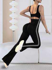 1 件女式运动喇叭连体裤，带肩带和紧身露背，高弹力提臀双条纹瑜伽紧身裤，修身休闲装塑身连体裤 - 黑色 - 查看 5