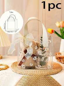 1/5pcs 大号 PVC 礼品袋（配丝带） 可爱雏菊图案手柄礼品包装袋 小雏菊便携式透明伴娘礼物手持礼品包装袋 适用于婚礼礼品、促销、小型企业用品、购物袋、派对袋、婚礼生日派对礼品袋、工艺手提袋、派对礼品、生日装饰、圣诞节情人节