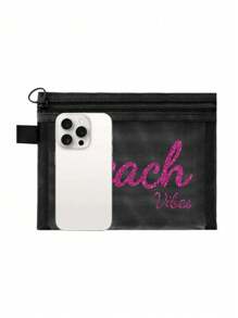 玫红色和金色闪亮字母 Maestra 网眼化妆包、口红和气垫粉扑收纳便携式化妆包、透明收纳包盥洗包旅行袋、夏威夷休闲度假风格化妆包化妆包护肤包盥洗包收纳袋、旅行必需品邮轮必需品宿舍必需品