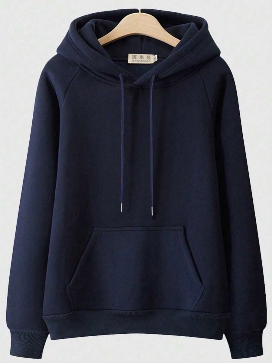 Women's Solid Color Hooded Sweatshirt With Lining And Drawstring - Azul Marino - Ver 1