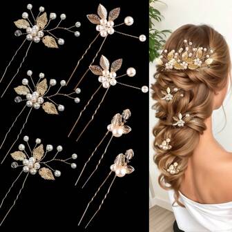7pcs/Set Women Gold Metal Leaf Hair Clips, Handmade White Pearl Flower Crystal Bridal Wedding Hair Pins Accessory Set