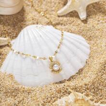 1pc Exquisite Shimmering Style Copper Inlaid Zirconia 18K Gold Plated Faux Pearl Shell Pendant Necklace, Suitable For Women Beach Holiday, Jewelry Accessories Gift For Friends