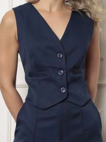 Women's Tailored Set: Vest With Long Formal Trousers - Màu xanh hải quân - Xem 2