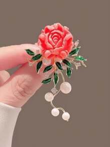 1pc Luxe Chinese Stijl Pioenroos Bloem Broche, Elegante Decoratieve Pin Voor Jas, Vest, Mode Accessoires