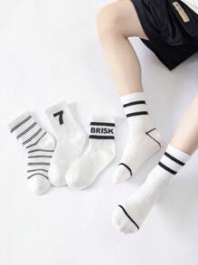 4 Pairs Boys' Simple Numeric Print Mesh Sports Socks, Casual Style, Spring/Summer