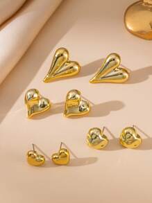 8pcs Fashionable Gold Metallic Asymmetrical Heart Shaped Earring Set, Women Chic Stud Earring Set