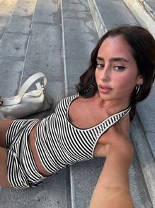 Casual Vacation Two Pieces Sets Contrast Color Striped Shorts Suits For Women Streetwear Halter Tank Tops Mini Shorts Spring Break Outfits