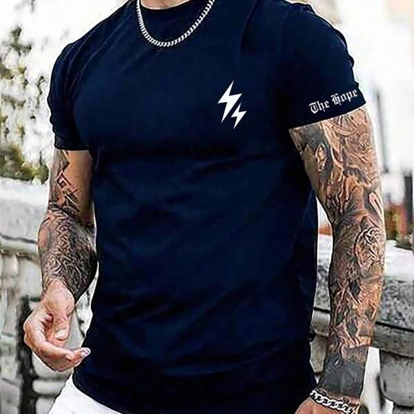Camiseta masculina Homens Relâmpago & Gráfica Letra Camiseta 100% algodao Casual