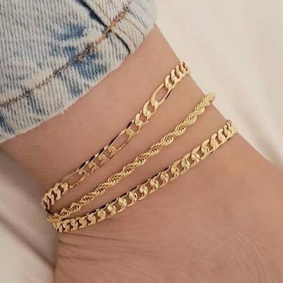 3pcs Ankle Bracelet - Cuban Link, Rope Chain - Sturdy Lobster Clasp Summer Beach Waterproof Anklet