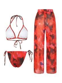 3pcs/Set Summer Tie-Dye Print Halter Backless Swimwear And Allover Print Pants, Casual And Vacation Beachwear For Women