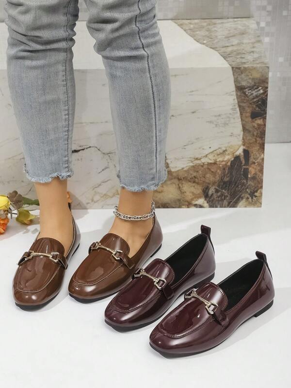Sapatos femininos com fivela única e decoração slip-on, sapatos baixos casuais e espelhados