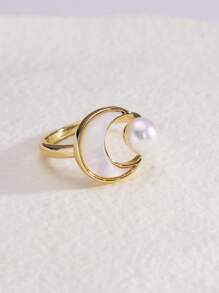 1pc 18K Gold Plated Freshwater Pearl Star & Moon Women's Open Ring - White - View 3