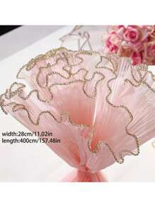 1pc Gold-Edged Wavy Tulle Fabric, 28cm*400cm Champagne & White, Wedding Flower Wrapping Tulle, Suitable For Flower Shops, Wedding Cake Decor, Flower Bouquet Packaging For Festivals And Parties