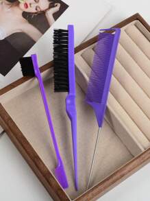 3pcs/Set Hairdressing Tools: 3-Row Bristle Brush, Tail Comb, Eyebrow Brush For Teasing, Highlighting, Hair Braiding ,Hair Styling Tools Hair Accessories - Pink - View 6