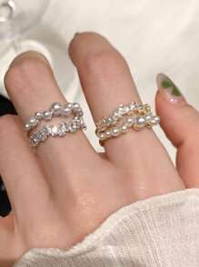 1 件女士空心几何双珍珠锆石开口戒指，时尚轻巧奢华铜合金，适合日常佩戴 - RING5596 - 查看 1
