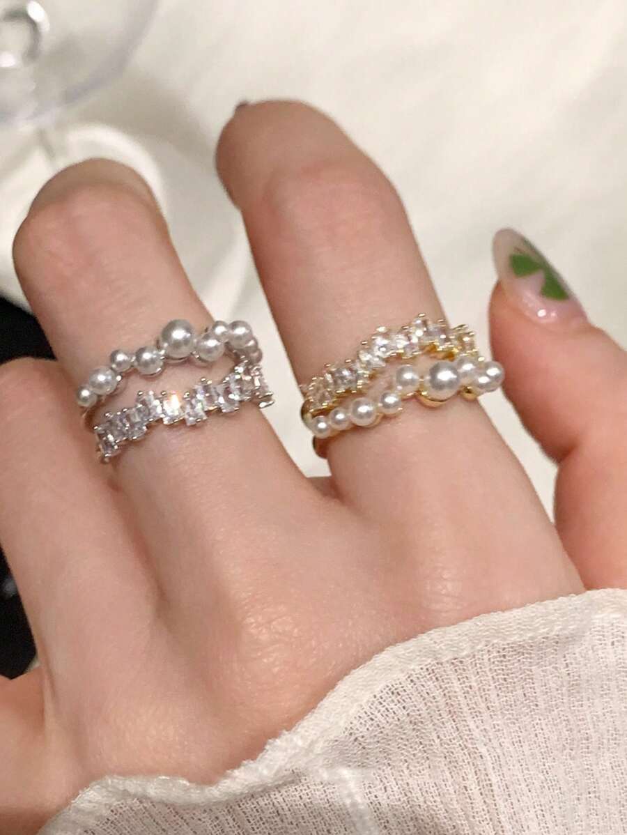 1 件女士空心几何双珍珠锆石开口戒指，时尚轻巧奢华铜合金，适合日常佩戴 - RING5596 - 查看 1