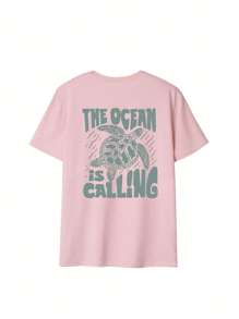 Camiseta de mujer de cuello redondo con estampado de vida marina y letras para vacaciones de verano. Camisetas gráficas para mujer en blanco, negro y rosa