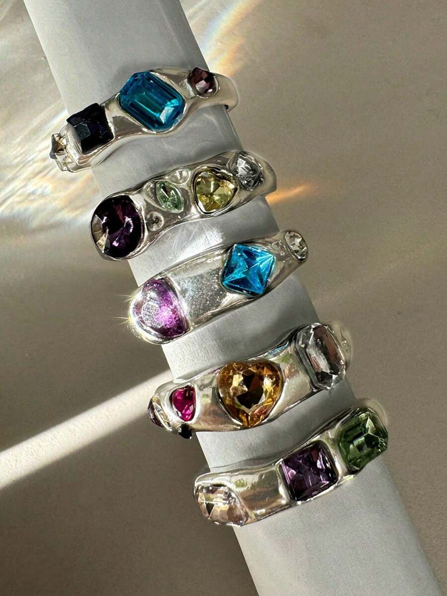 5pcs/Set Vintage Asymmetrical Geometric Colorful Zirconia Rings Set, Versatile Fashionable Elegant Women Jewelry - Multicolor - View 1