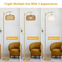 Arc Floor Lamp With Remote Control, Dimmable LED Floor Lamp With 3 Color Temperature, Black Standing Lamp With Rattan & Fabric Double Drum Shade, Boho Farmhouse Tall Pole Lamp For Living Room Bedroom - US A Type Plug(110-127V) - View 6
