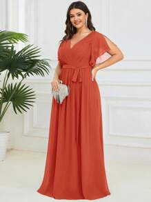 EVERPRETTY Elegant V-Neck Ruffle Flare Sleeve Floor-Length Burnt Orange Bridesmaid Dress, Spring/Summer Wedding Guest Dress - Burnt Orange - View 4
